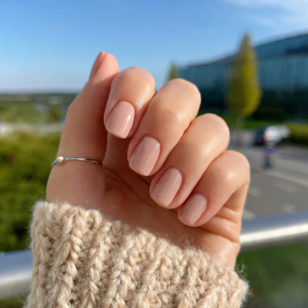 attractive rosy beige gloss nails with outdoor sum