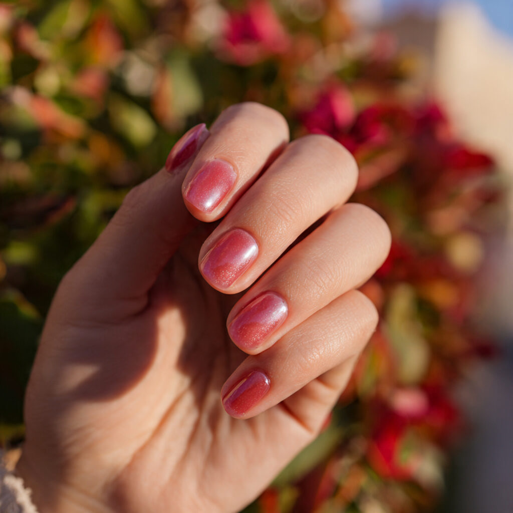 attractive rosy blush aura nails with outdoor back