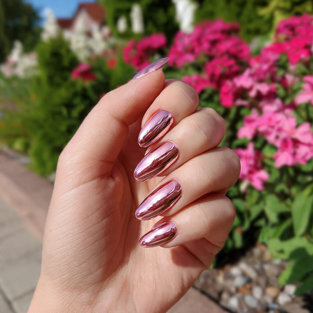 attractive rosy blush chrome nails with outdoor su