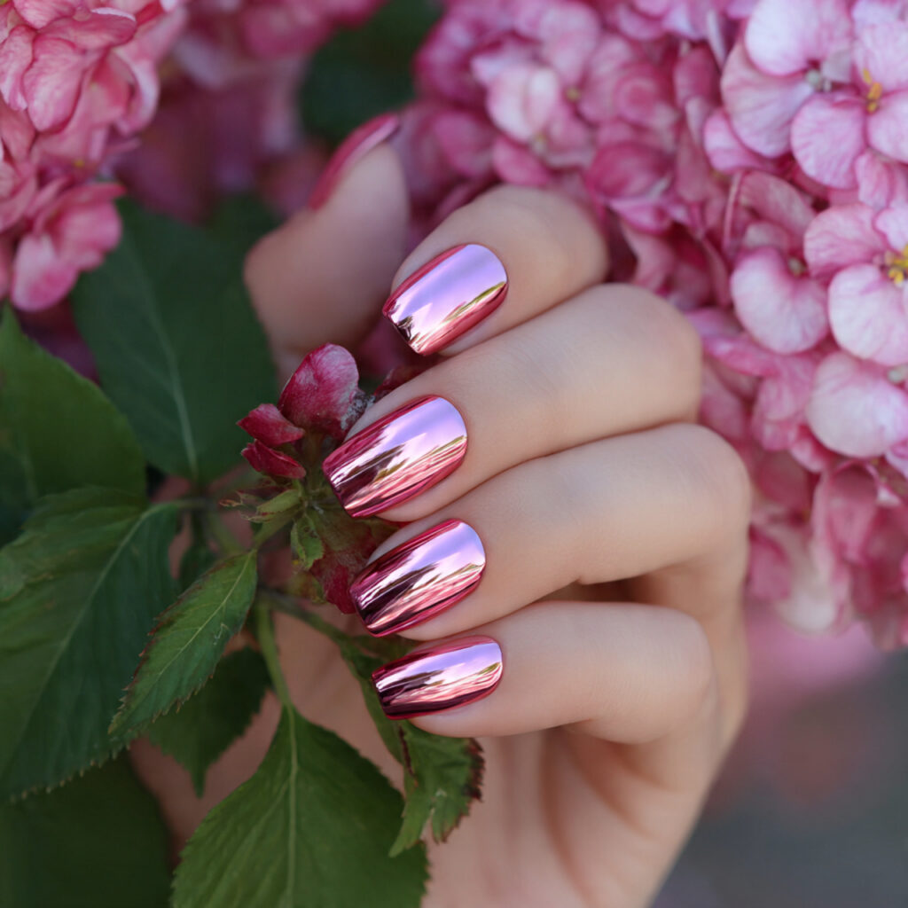 attractive rosy chrome nails with outdoor summer b