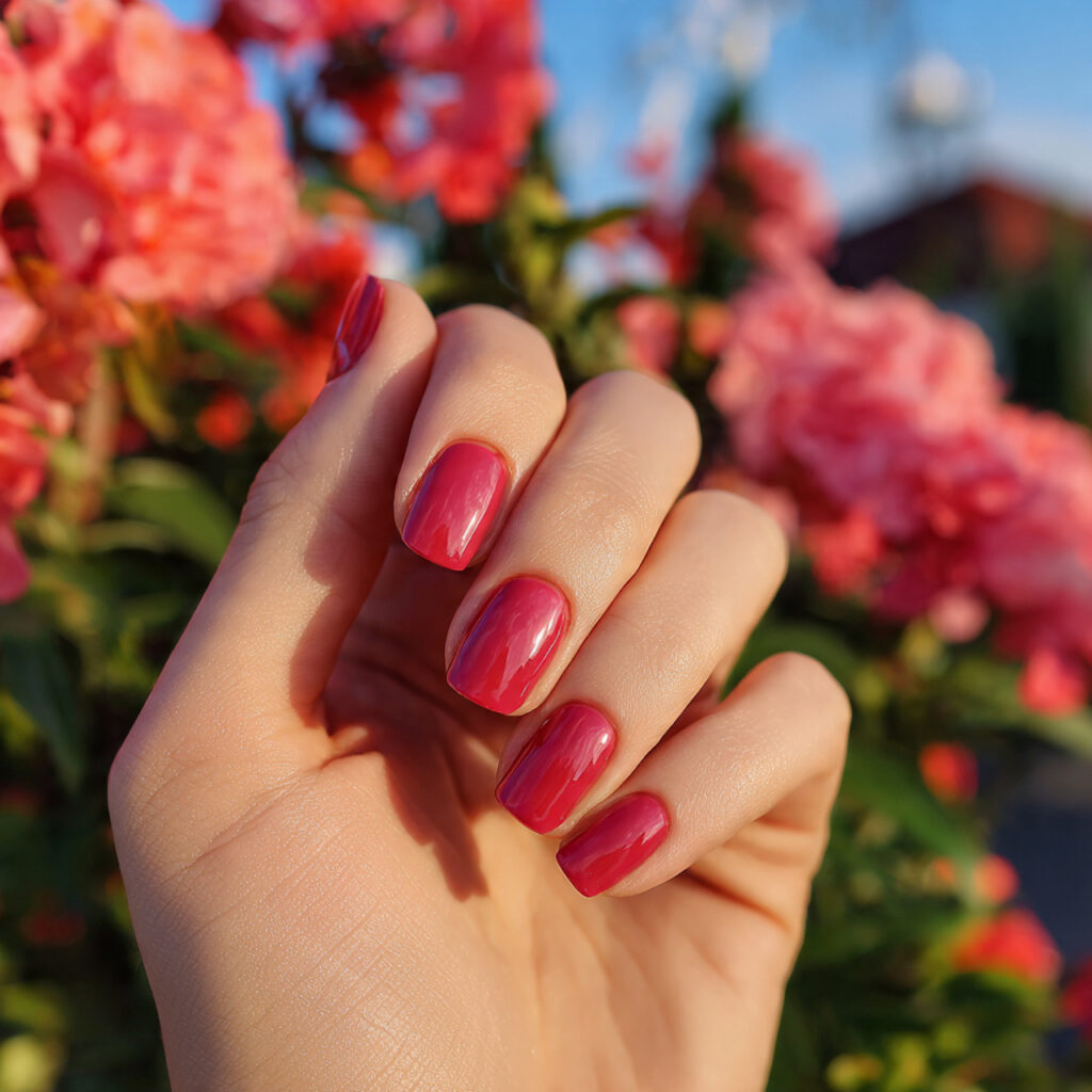 attractive rosy crimson short nails with outdoor s