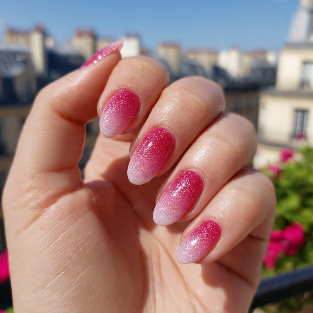 attractive rosy french fade nails with outdoor sum