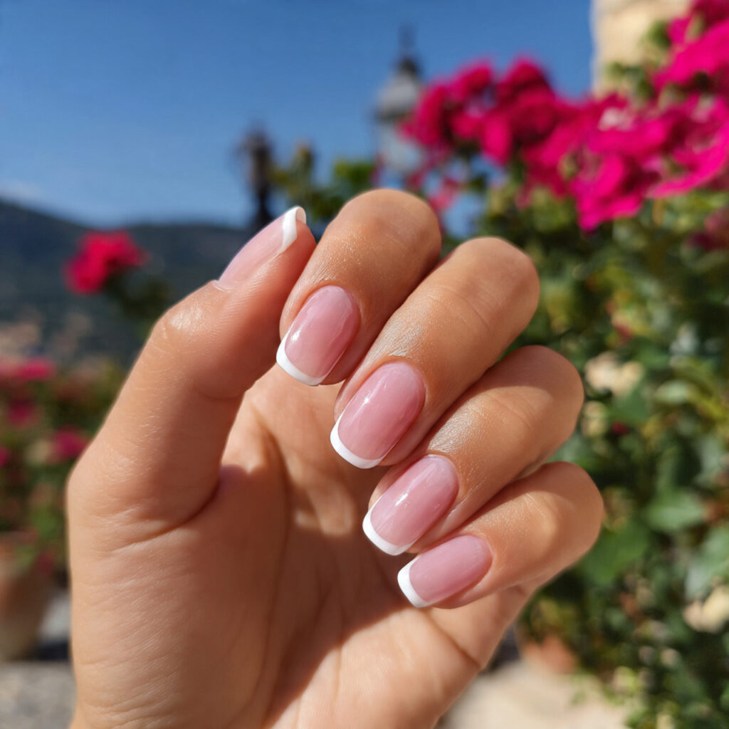 attractive rosy french nails with outdoor backgrou