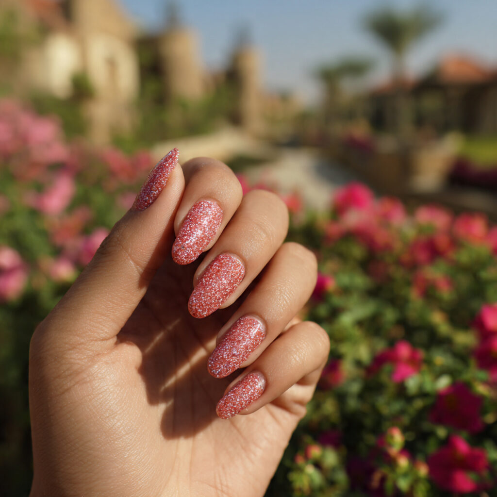attractive rosy glitter nails with outdoor backgro