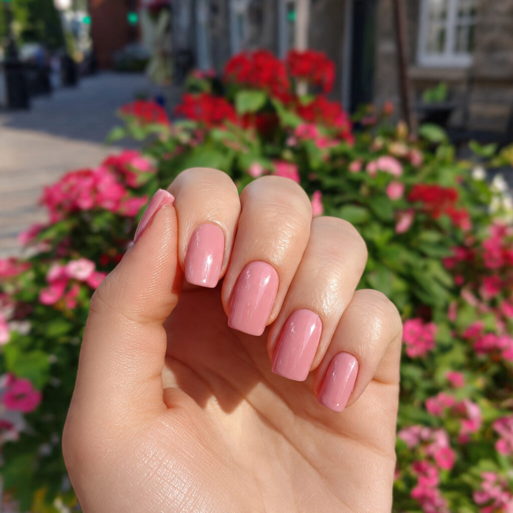 attractive rosy light pink gloss nails with outdoo