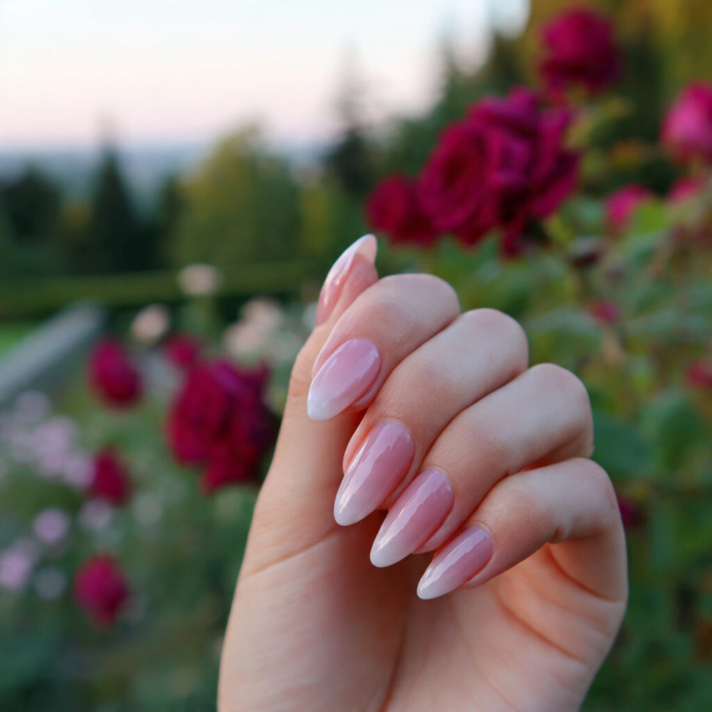 attractive rosy ombr almond nails with outdoor bac