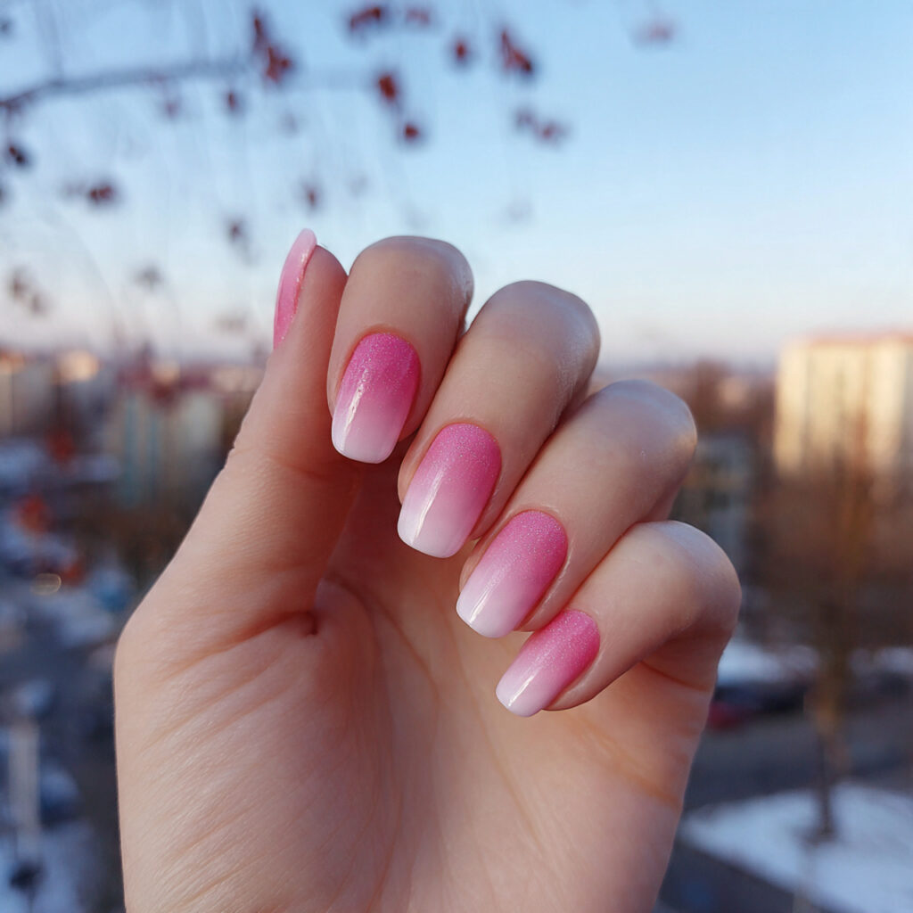 attractive rosy ombre nails with outdoor backgroun