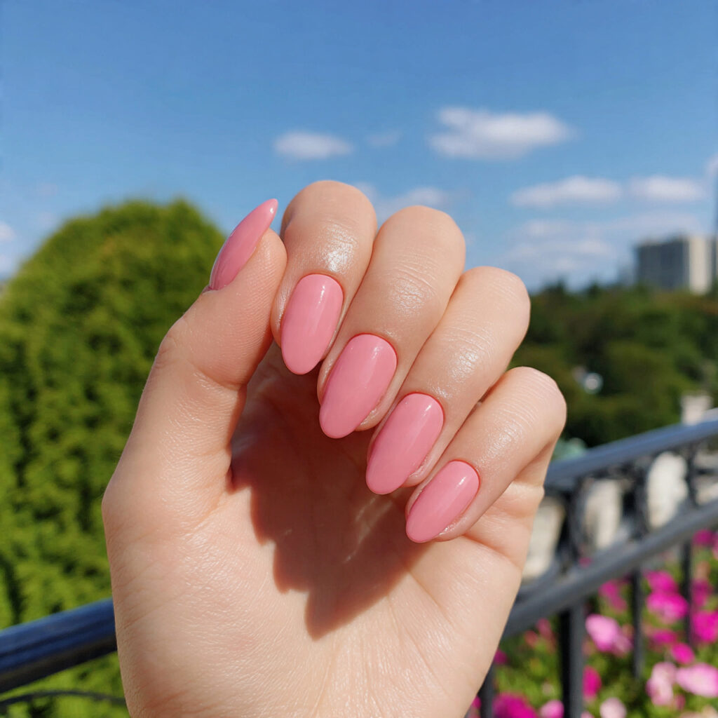 attractive rosy pink acrylic nails with outdoor ba