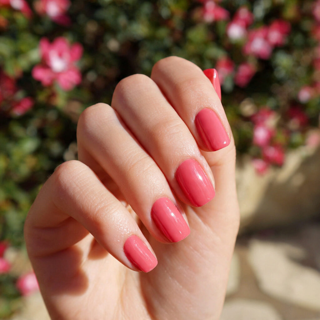 attractive rosy pink nails with outdoor background 1