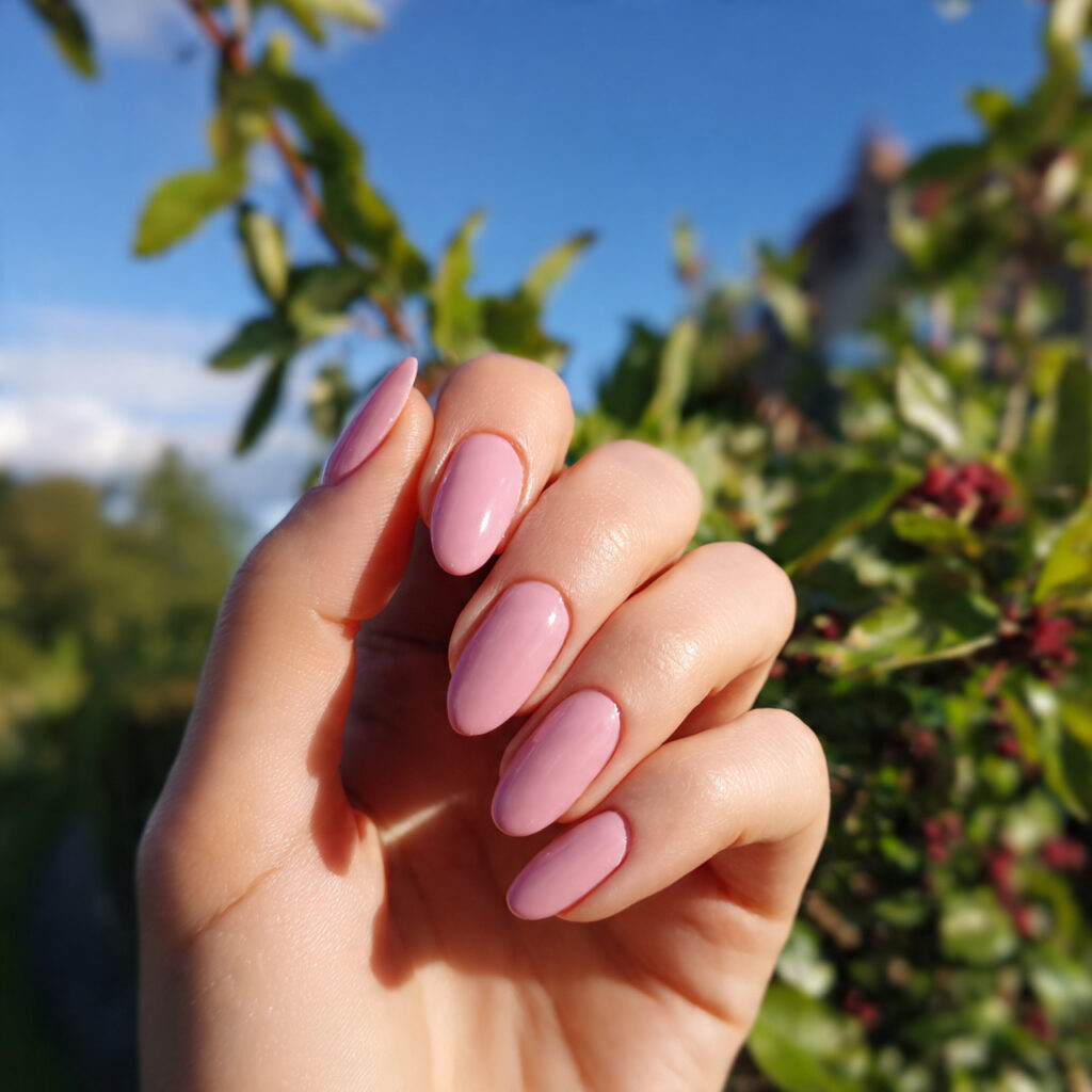 attractive rosy pink nails with outdoor background