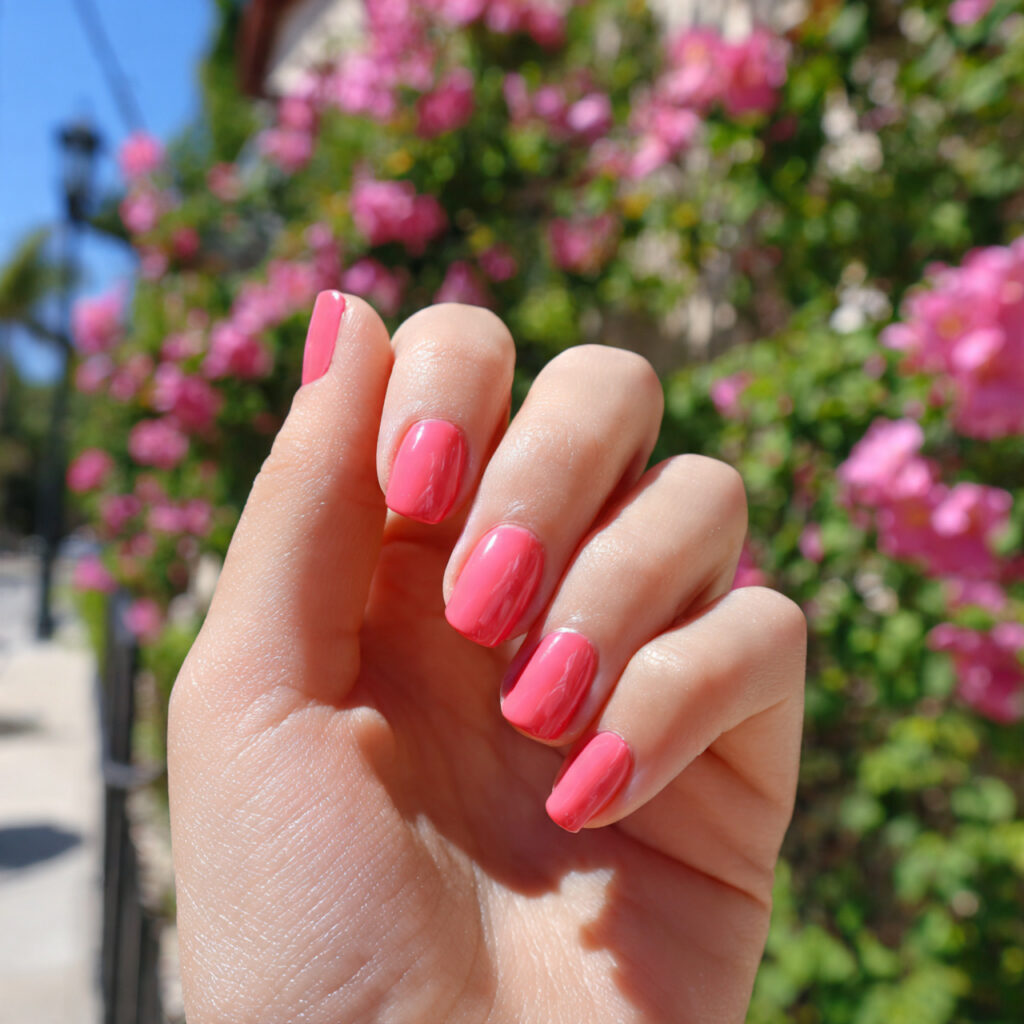 attractive rosy pink nails with outdoor summer bac 1