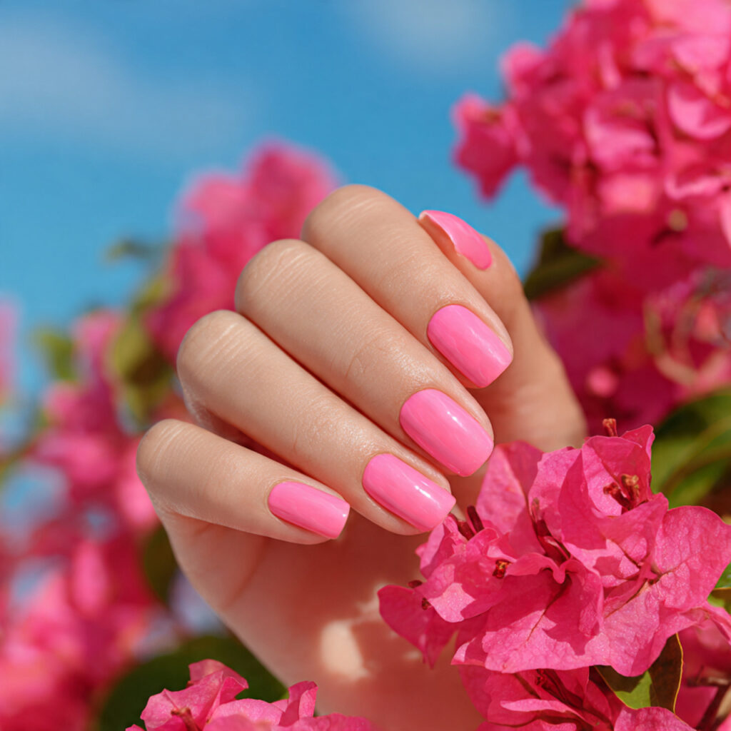 attractive rosy pink nails with outdoor summer bac