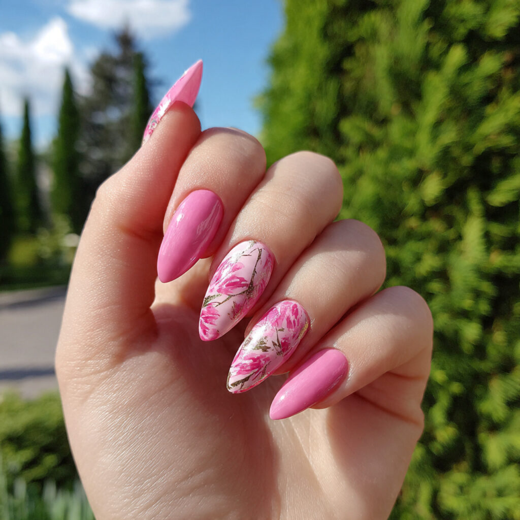 attractive rosy pink stiletto nails with outdoor b