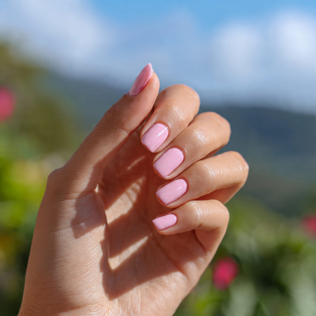 attractive rosy soft pink nails with outdoor backg 1