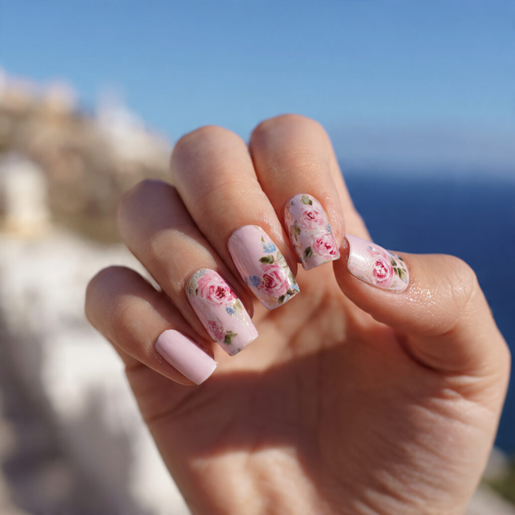 attractive rosy square nails with outdoor summer b