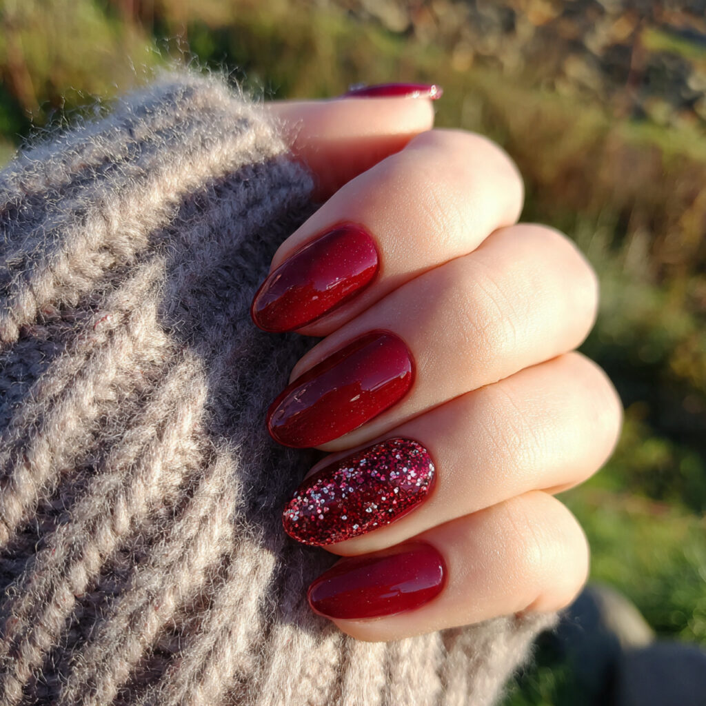 Nail Inspo Red: 14 Stunning Red Nail Ideas That Feel Bold, Chic, and Impossible to Ignore 11 attractive ruby glitter accent nails with outdoor