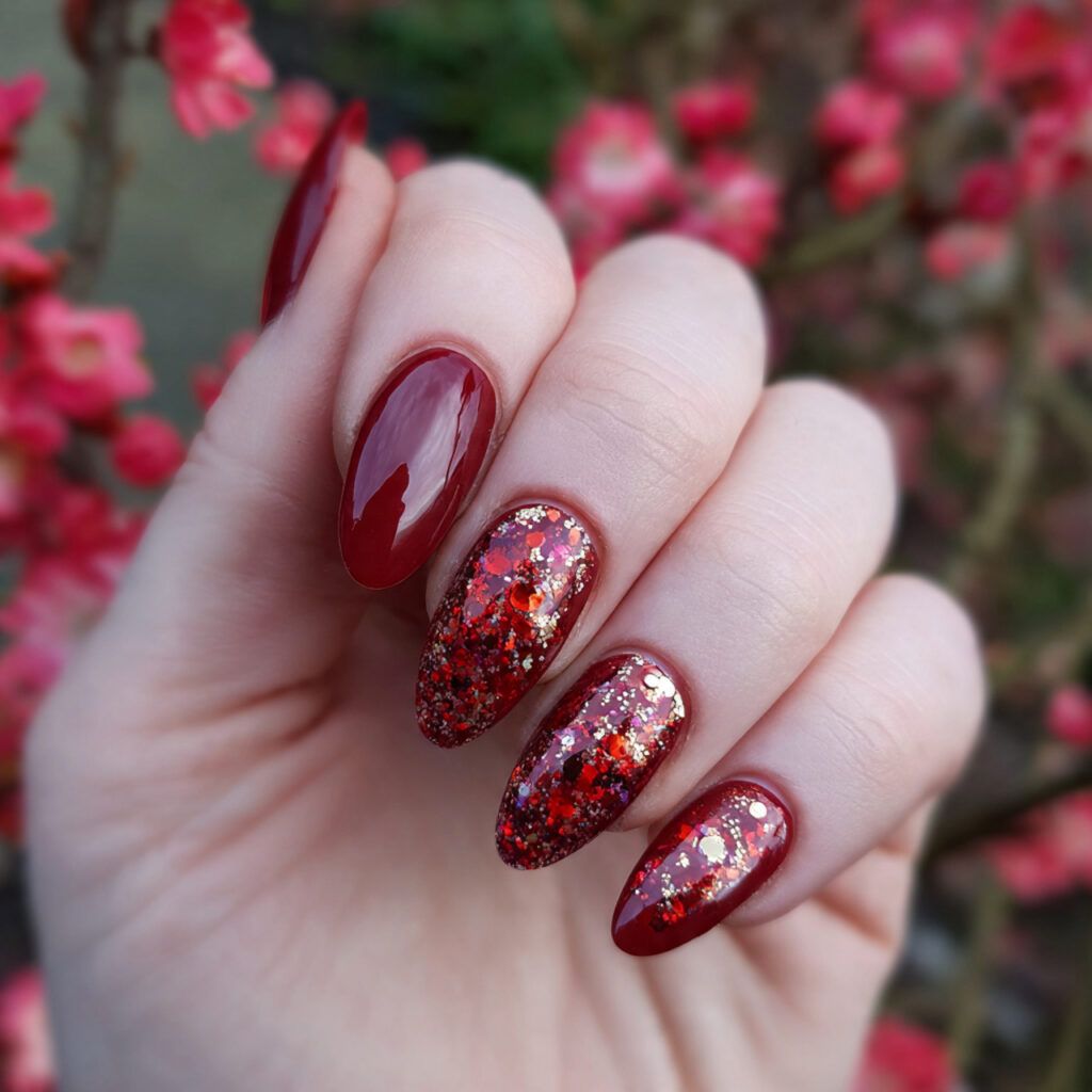 attractive ruby red glitter almond elegance nails