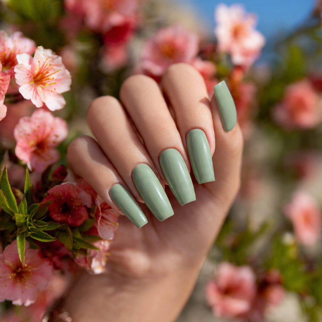 attractive sage green minimal coffin nails with ou
