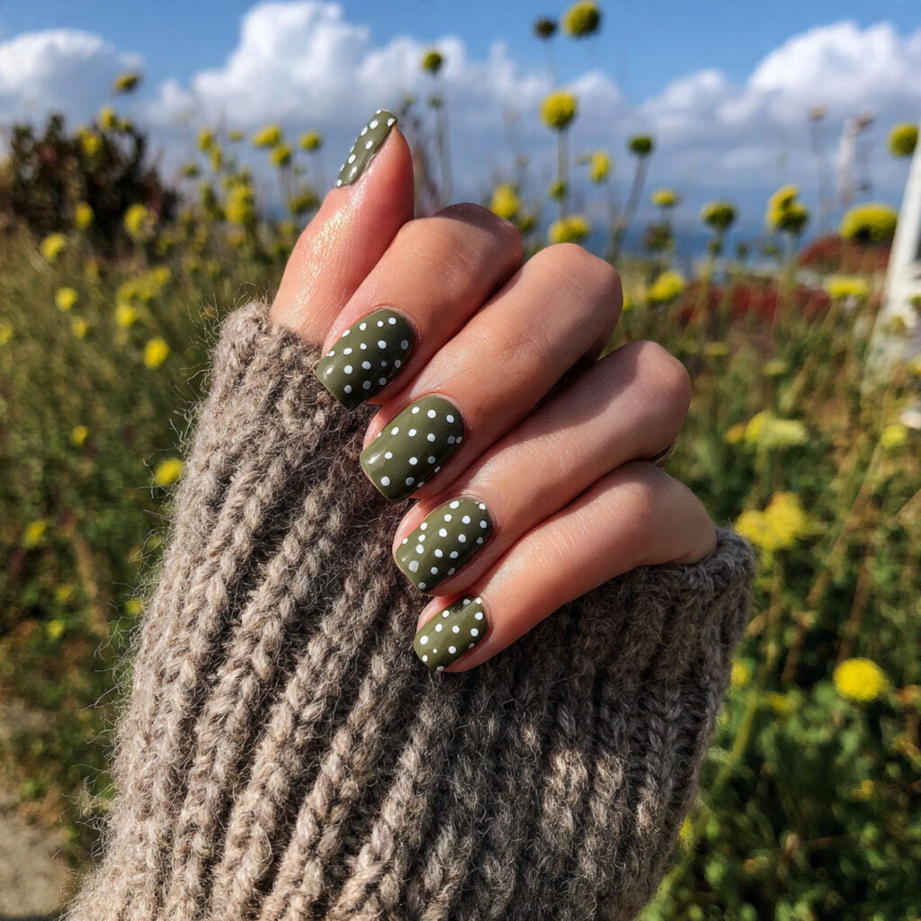attractive sage green polka dot nails with outdoor