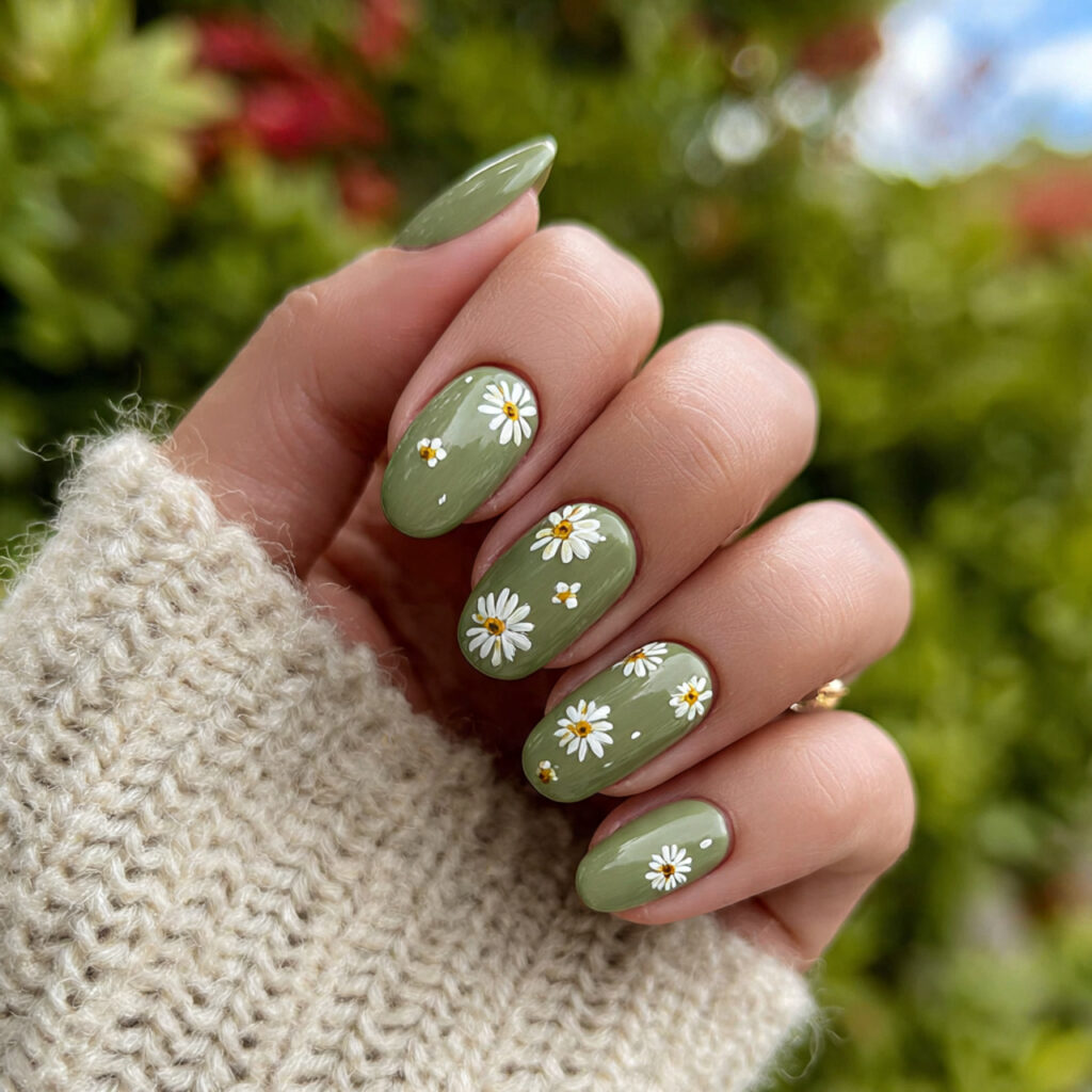 attractive sage nails with tiny white daisies with