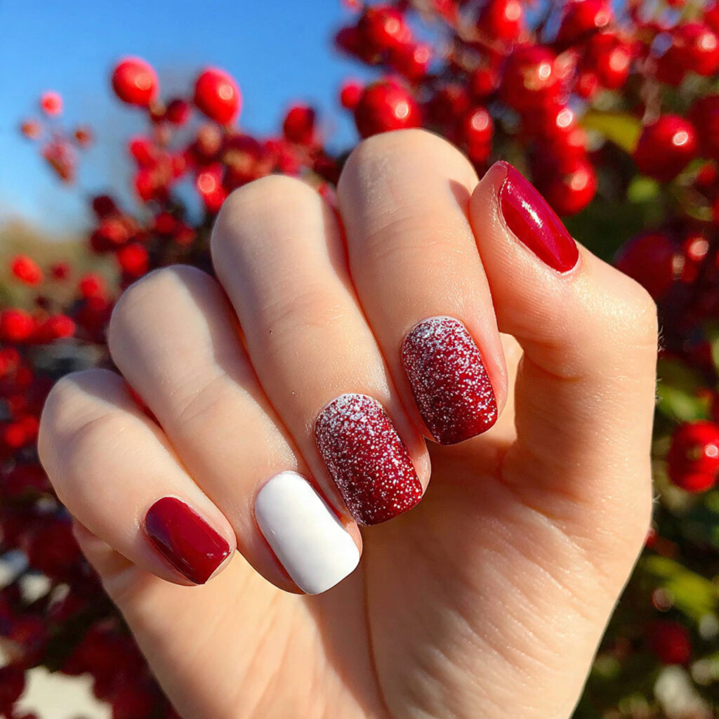 attractive scarlet and white glitter accent nails