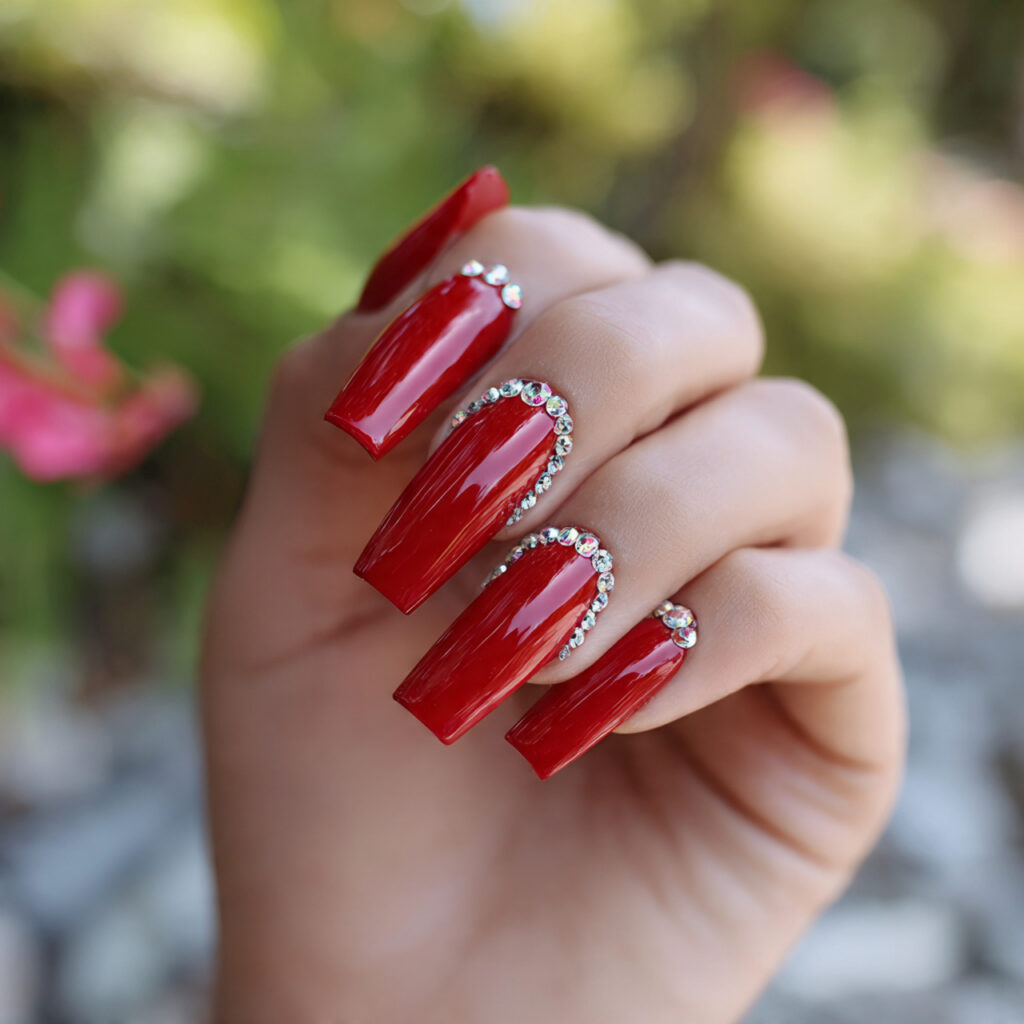 attractive scarlet coffin with rhinestone cuticle