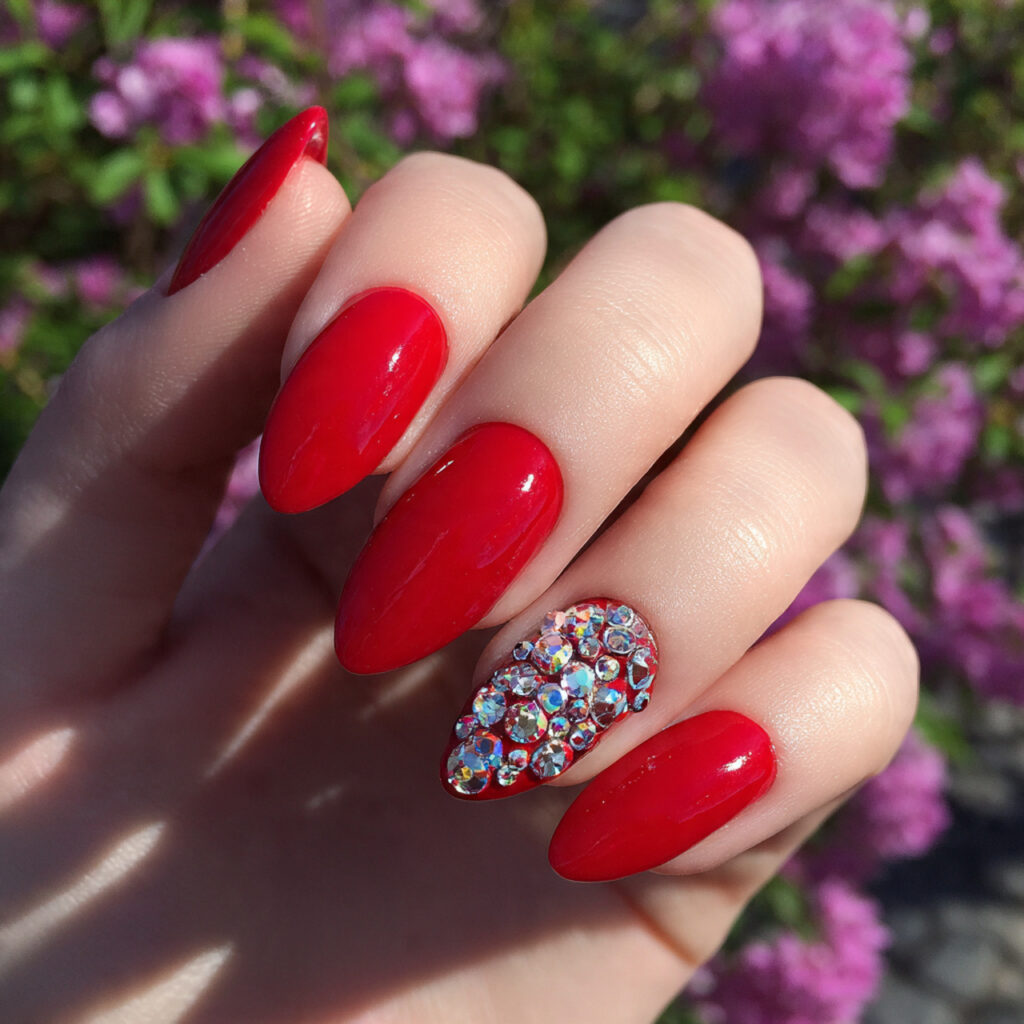 attractive scarlet prom nails with rhinestones nai