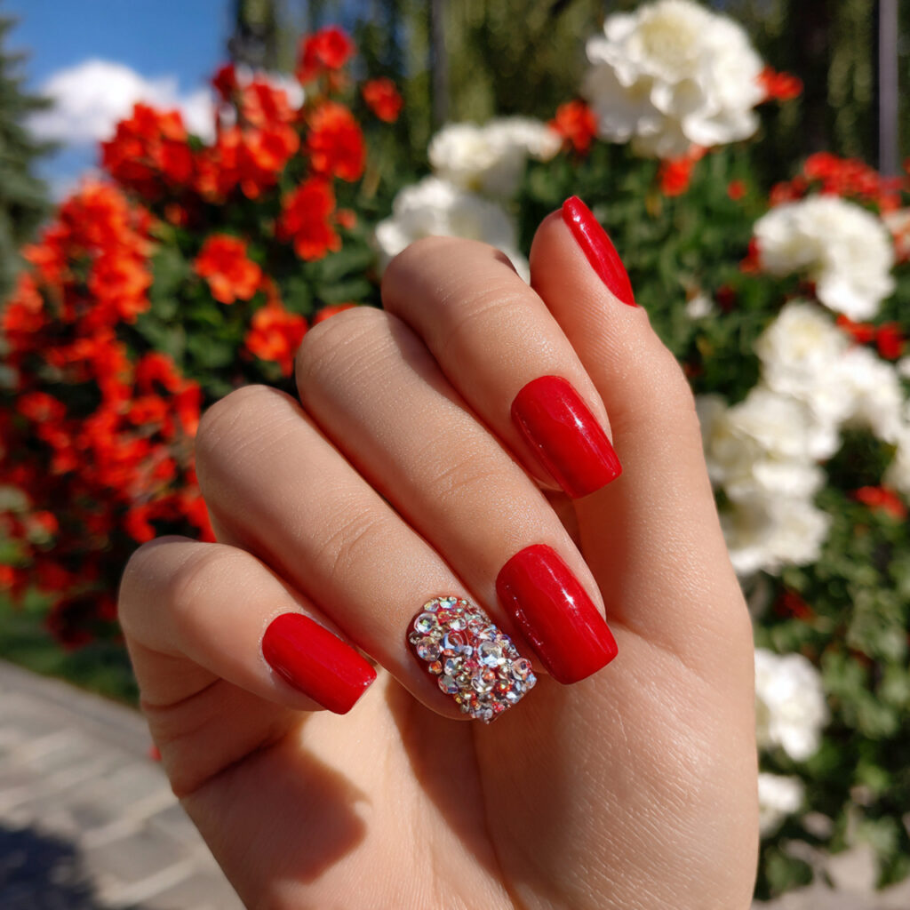 attractive scarlet square nails with rhinestones w