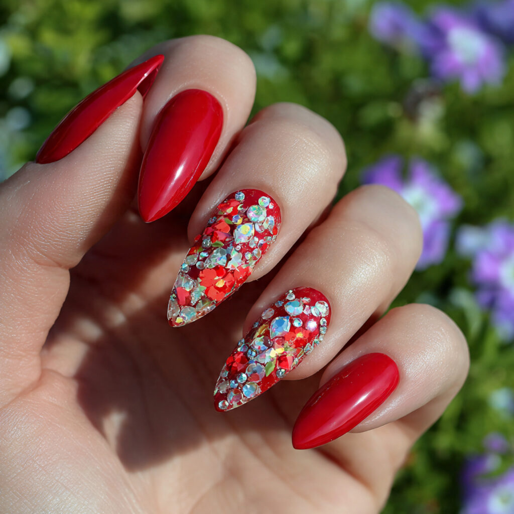 attractive scarlet stiletto with rhinestones nails