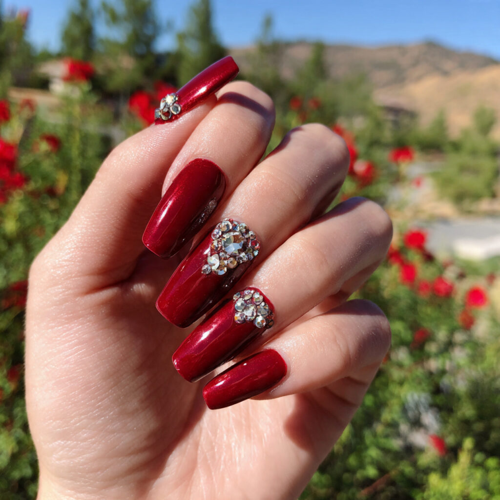 attractive scarlet with rhinestone cuticle framenn