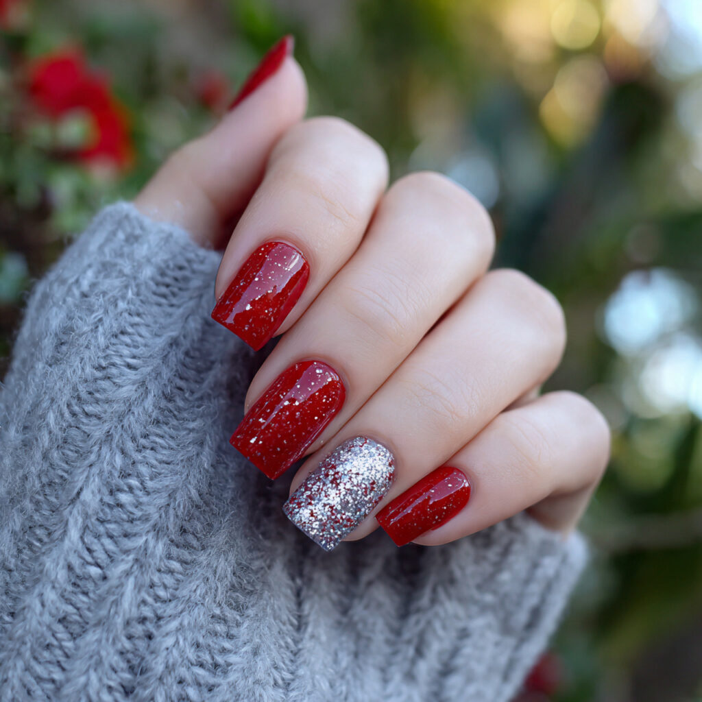 attractive scarlet with silver glitter accent nail