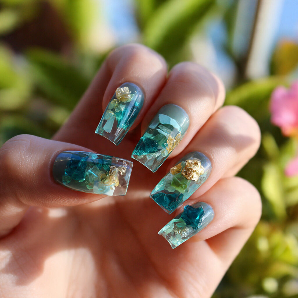 attractive sea glass jelly nails with outdoor back