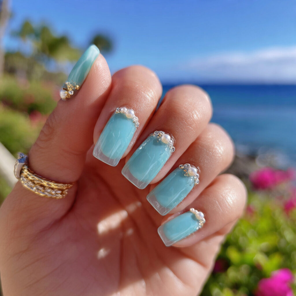attractive seafoam jelly nails with tiny pearl acc