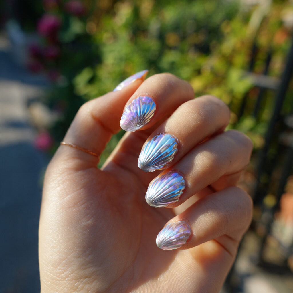 attractive seashell pearl chrome nails with outdoo