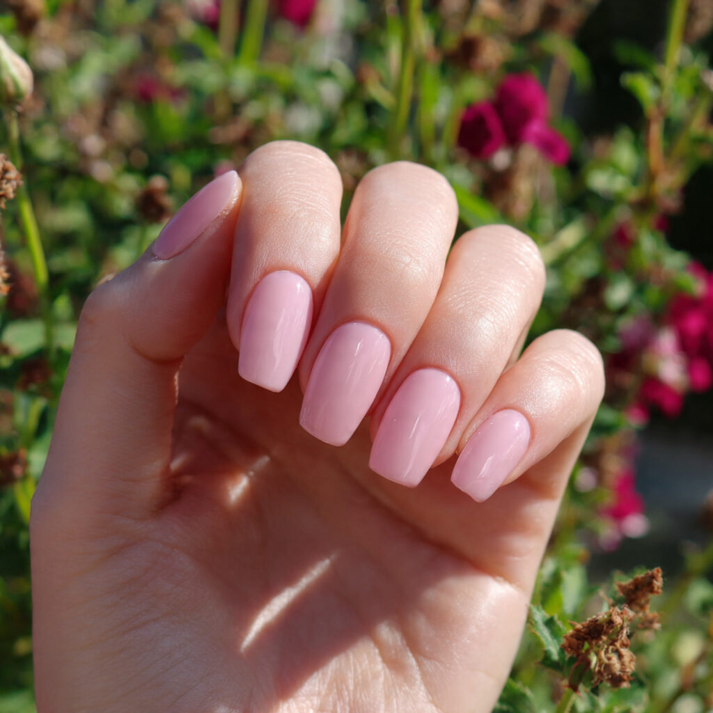 attractive sheer baby pink gloss nails with outdoo