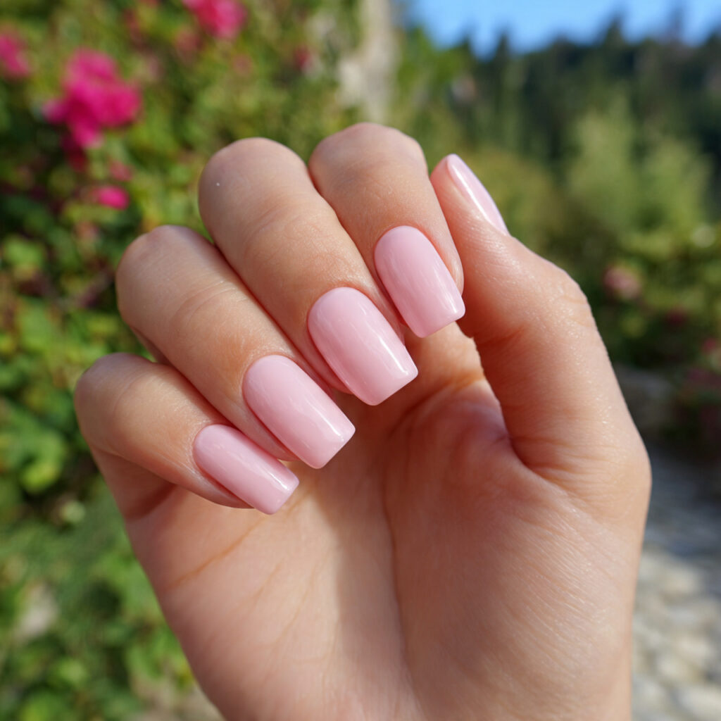 attractive sheer baby pink nails with outdoor back