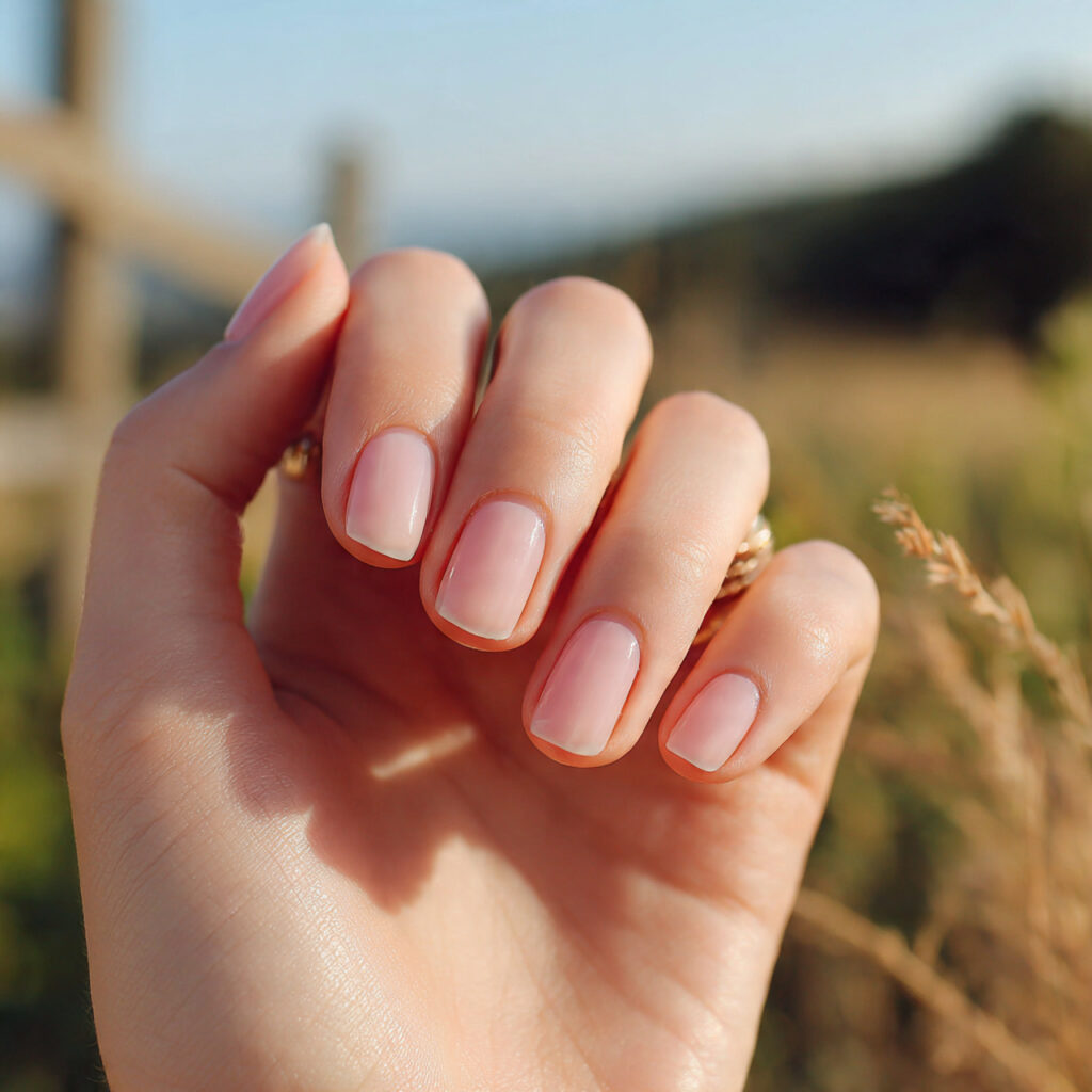 attractive sheer blush nail with outdoor backgroun