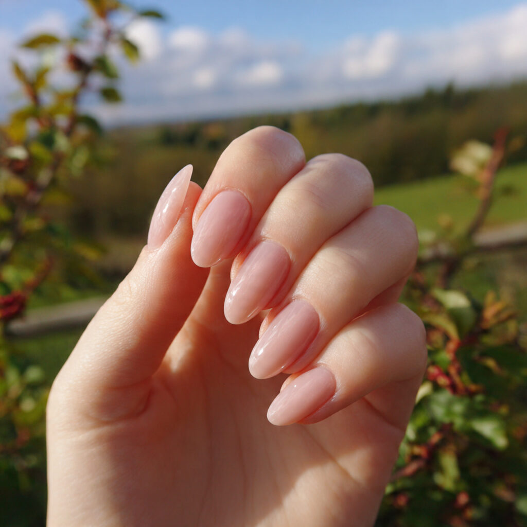 attractive sheer blush oval nails with outdoor bac