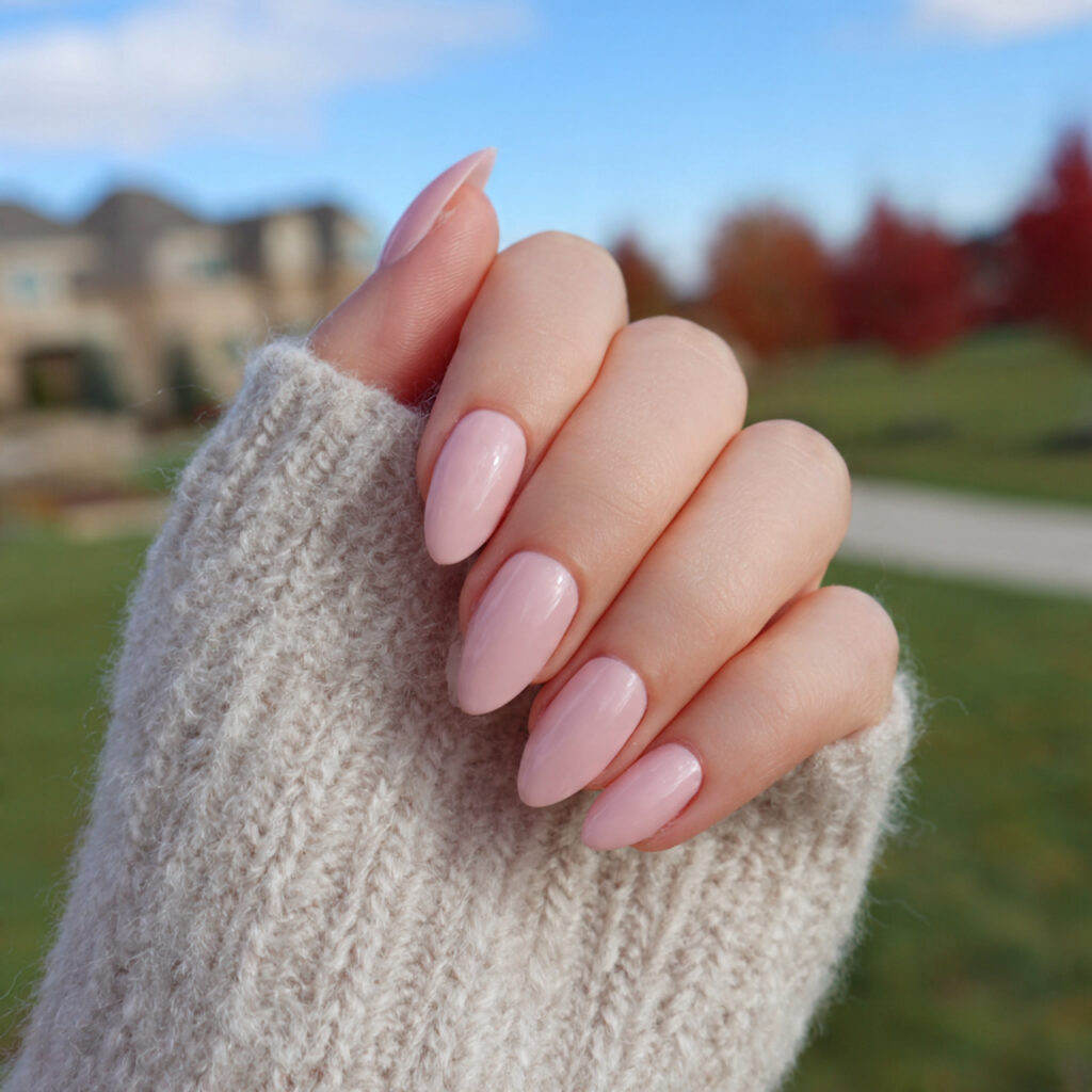 attractive sheer blush pink almond nails with outd