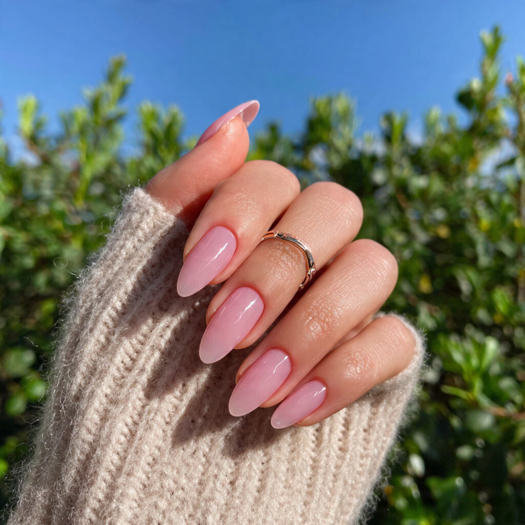 attractive sheer blush pink long oval nails with o