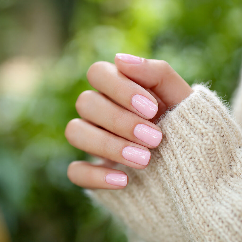 attractive sheer blush pink nails with outdoor sum