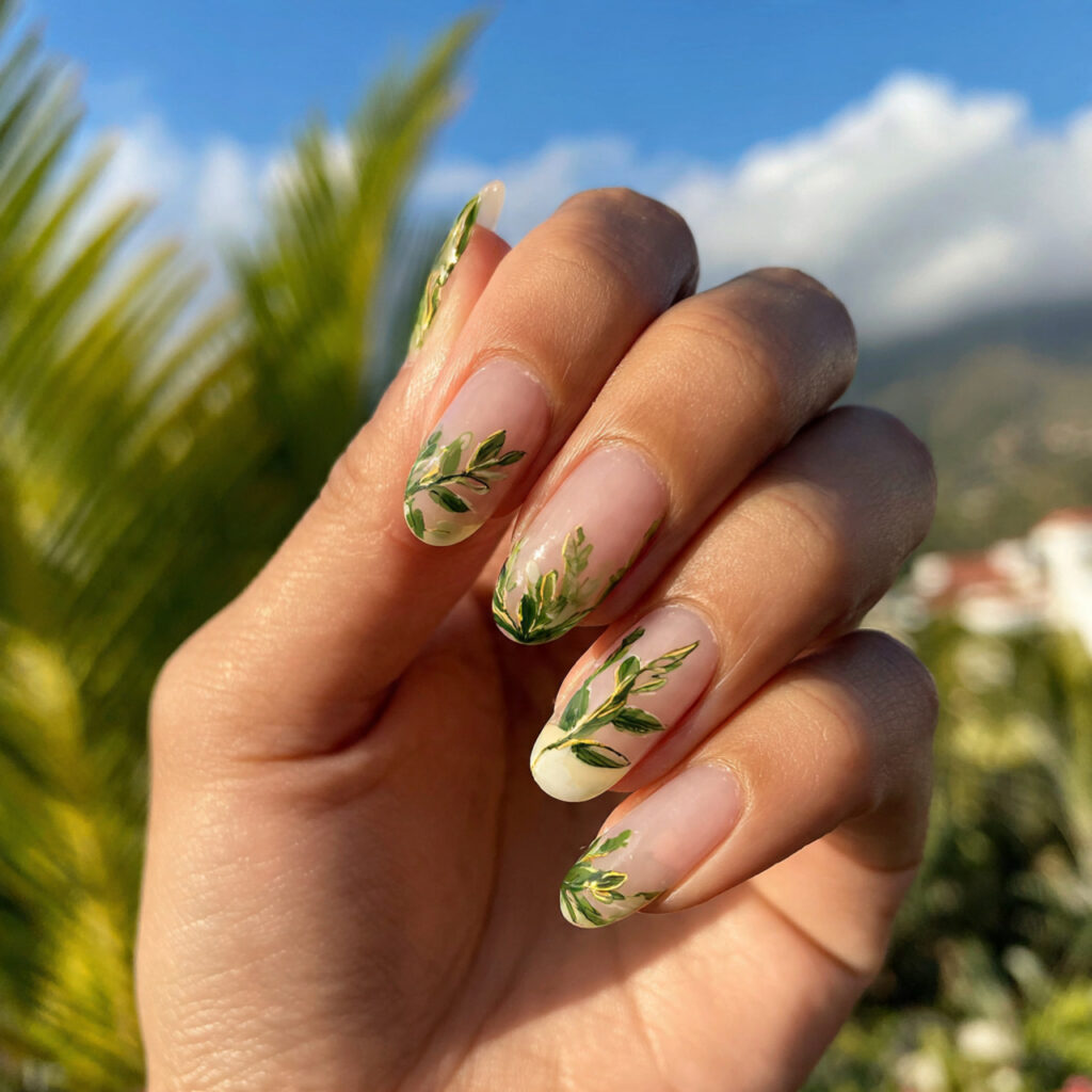 attractive sheer nails with leafy green accents wi