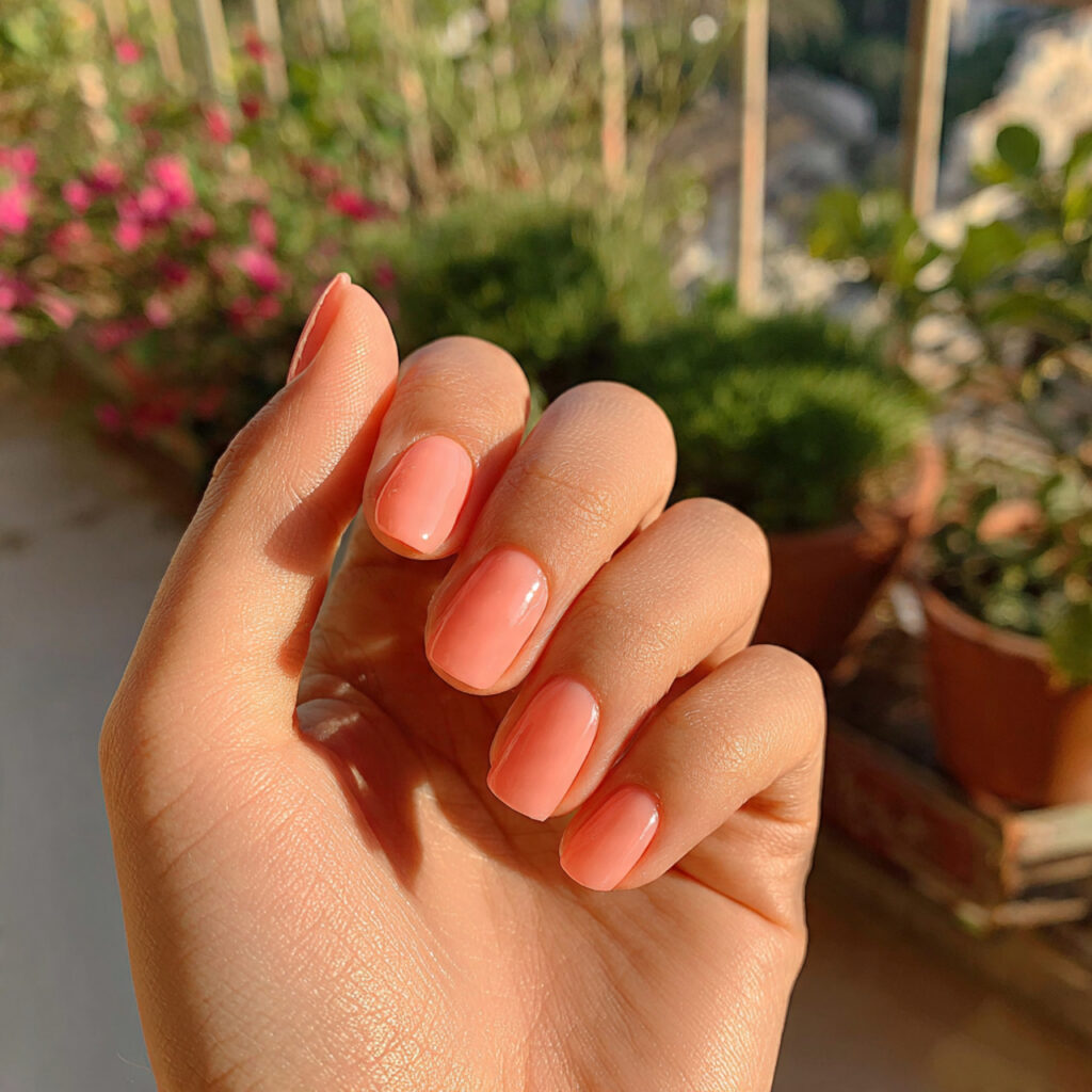 attractive sheer peach jelly short nails with outd