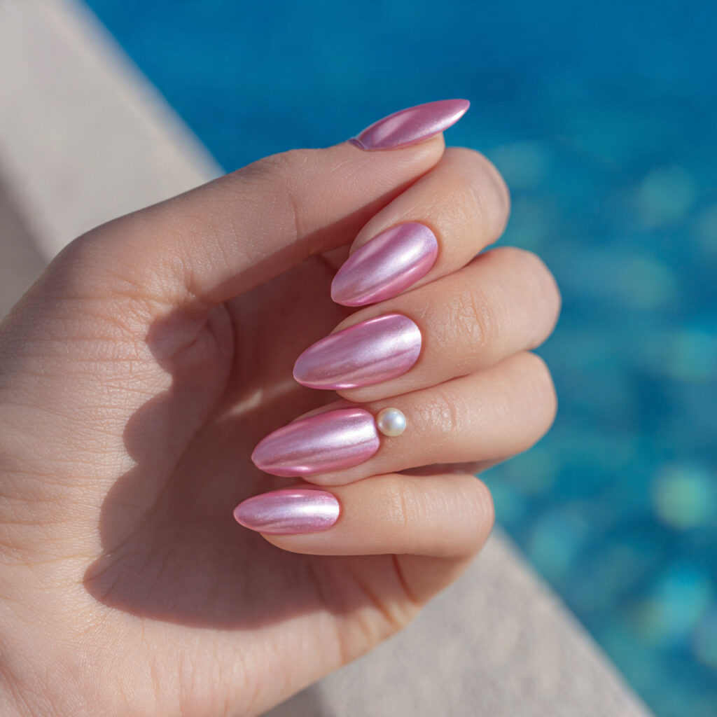 attractive sheer pink pearl chrome nails with outd