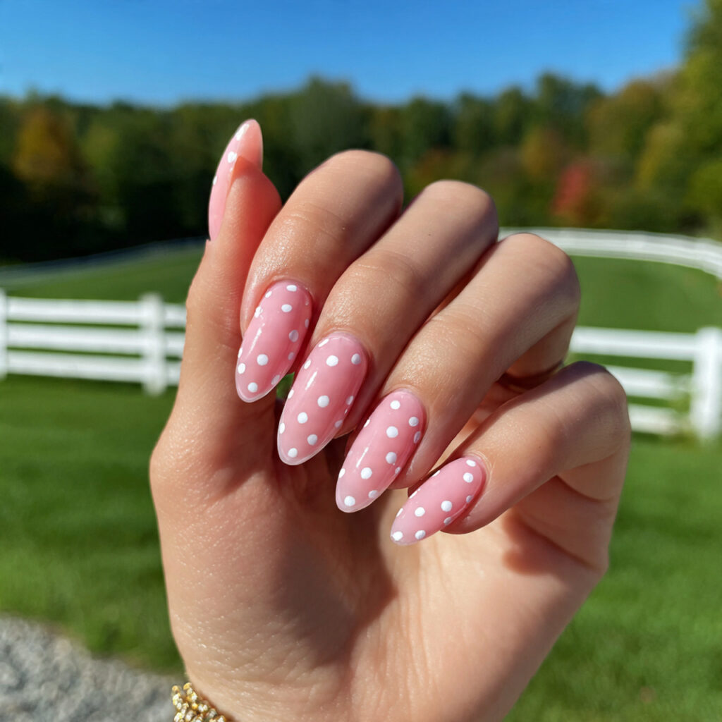 attractive sheer pink polka dot almond nails with 1