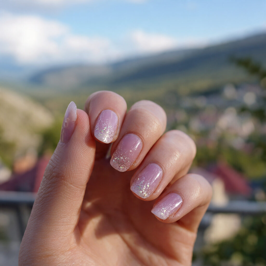 attractive sheer wash nails with outdoor backgroun