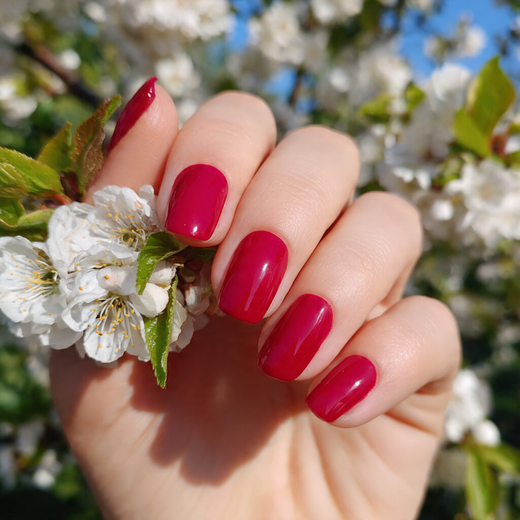 attractive short cherry red gel square nails with