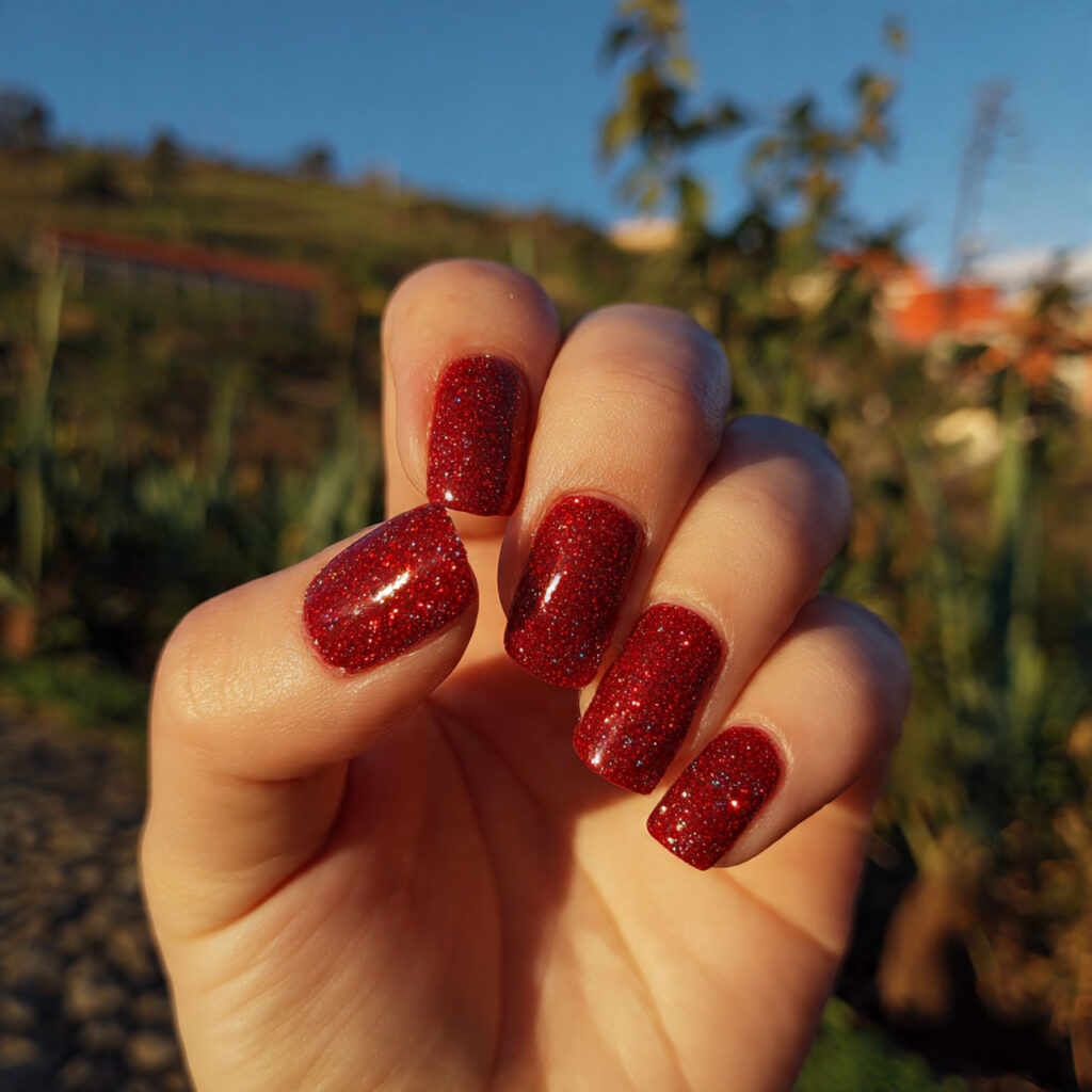 attractive short cherry red glitter square nails w