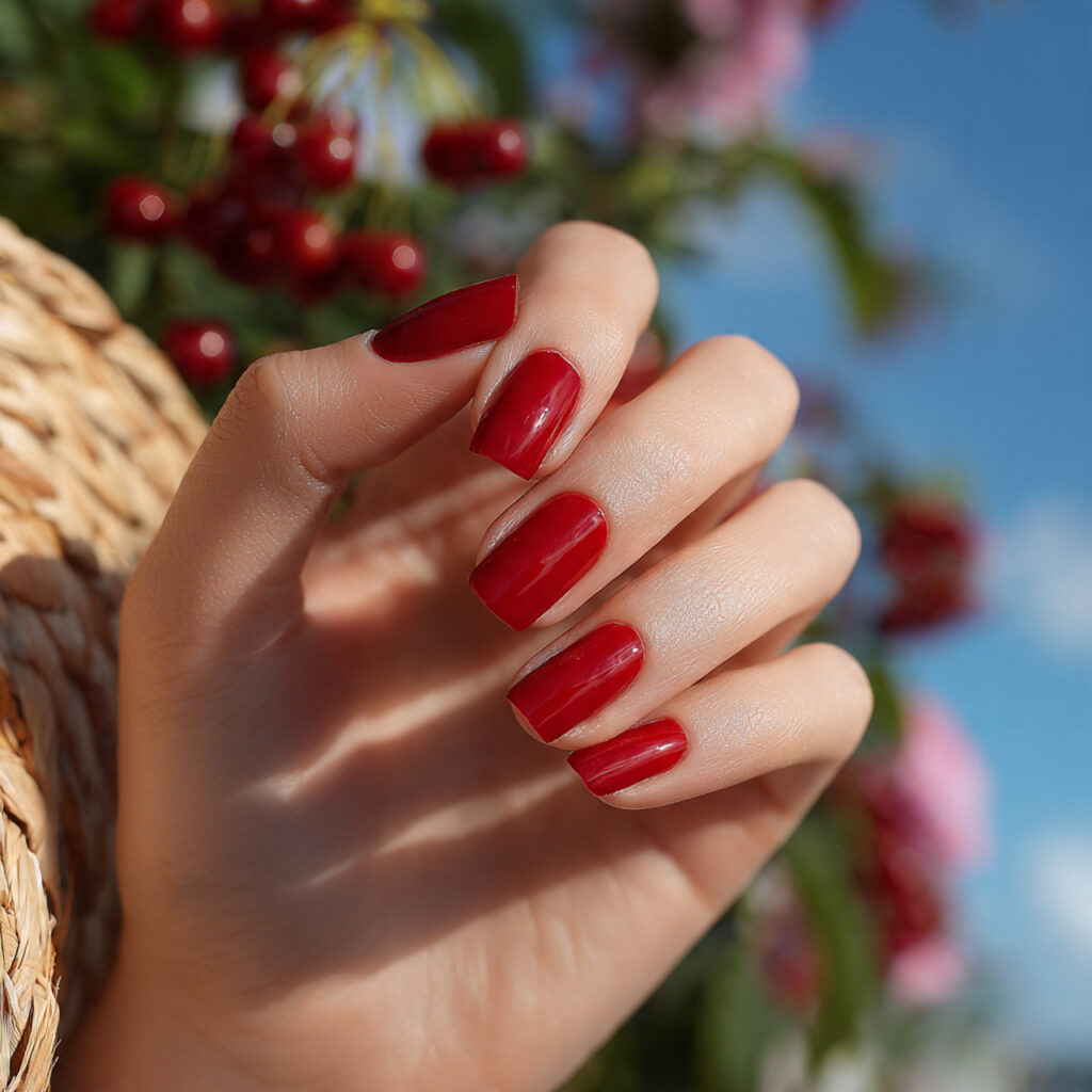 attractive short cherry red square nails nails wit 1