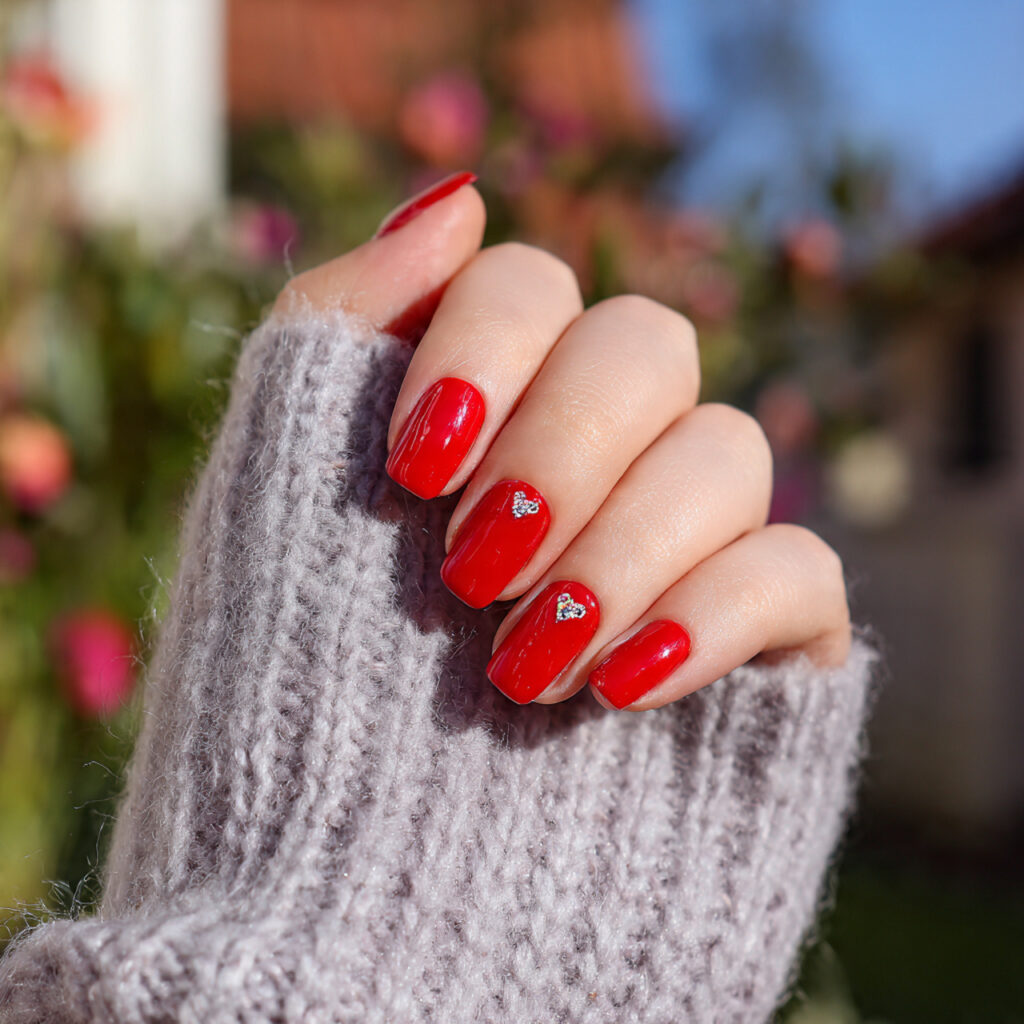 attractive short cherry red square with one tiny h